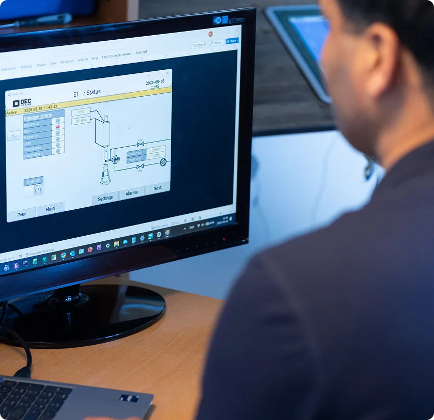 Employee looking at screen with technical data