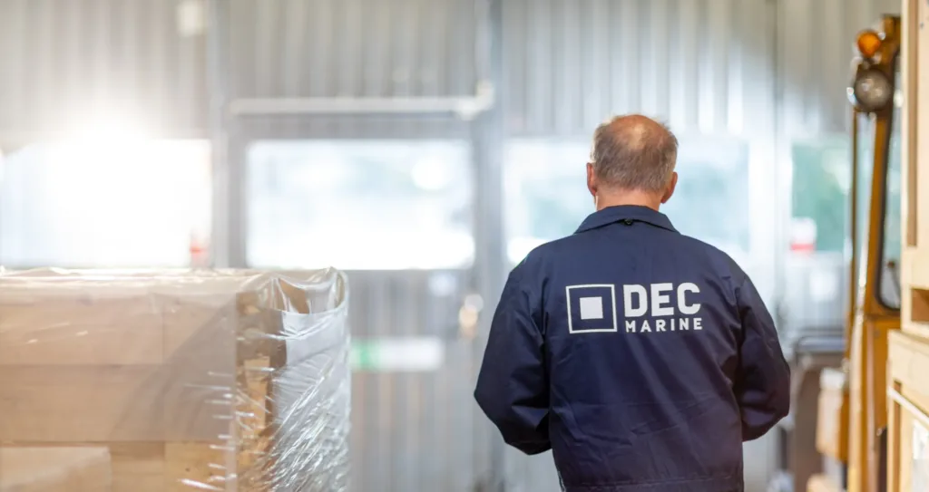 Employee walking away from the camera in a warehouse